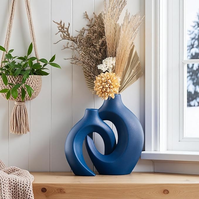 Snuggle Hollow Ceramic Vase Set of 2, 8.4 Inch Hug Donut Modern Nordic Boho Style Vases for Home Decor Anthropologie Aesthetic Living Room Shelf Coffee Table Decorative (Navy Blue)