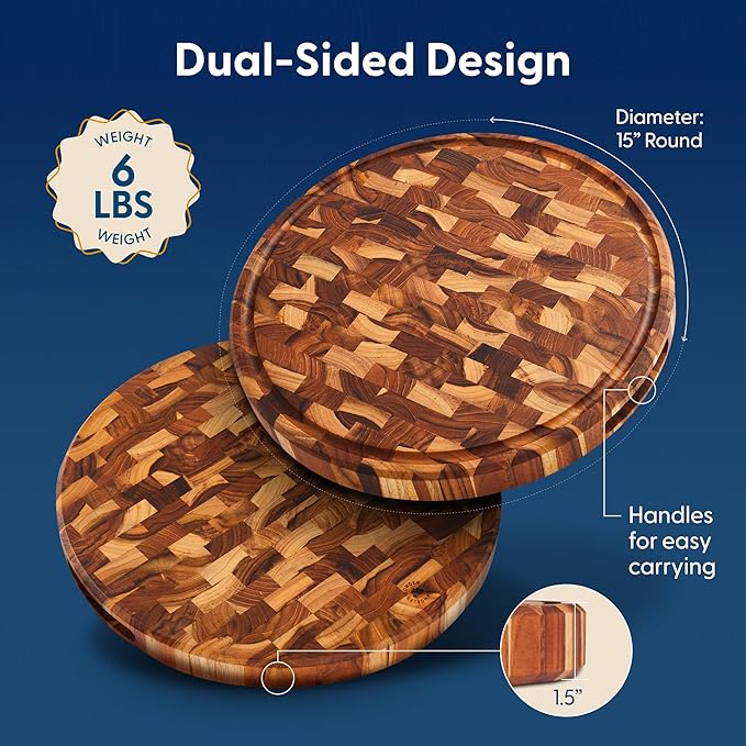 Sonder LA, End Grain Teak Wood Cutting Board 15" Round 1.5" Thick with Juice Groove and Built-in Handles, Charcuterie Serving Board (Gift Box Included)