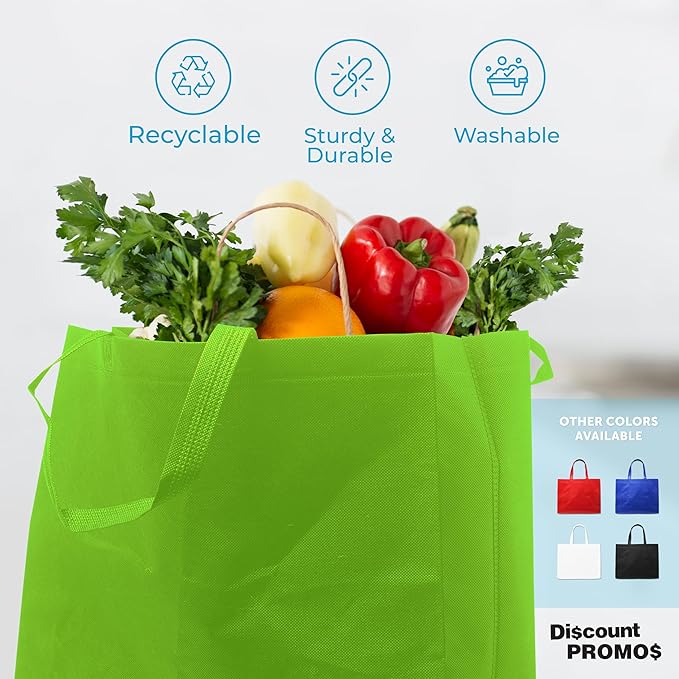 DISCOUNT PROMOS Jumbo Sized Tote Bags Set of 10, Bulk Pack - Reusable Grocery Bags, Shopping Bags, Promotional Item Totes for Women - Lime Green