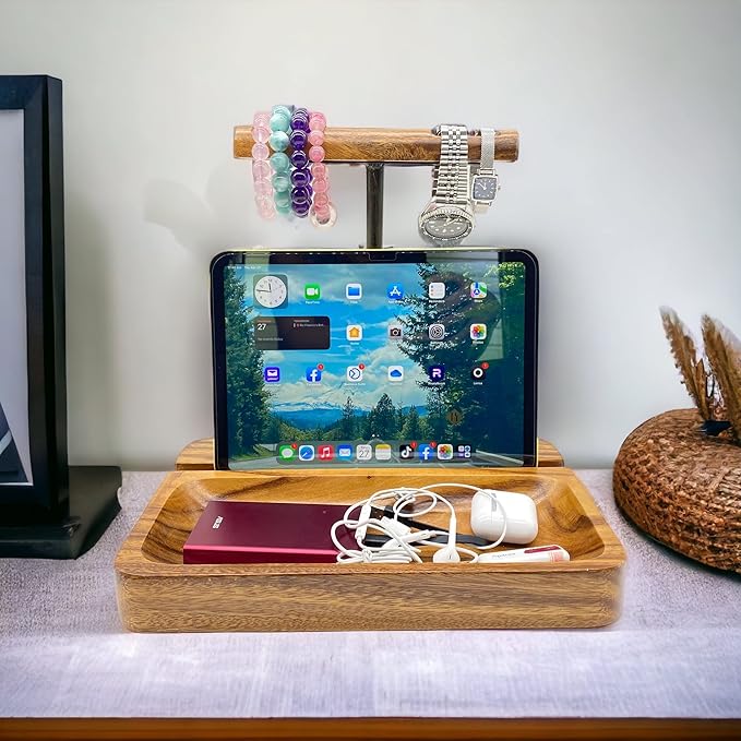 Dual Headphone Stand, Solid Acacia Wood Headset Holder for 2 Headphones, Cell Phone & Tablet, Desk Organizer Tray for iPhone, iPad, Bose, Sony, Beats, Sennheiser, Gaming & Office Desk Setup