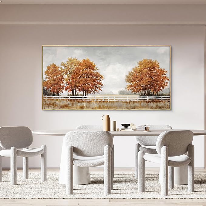 yiijeah Orange Wall Art - Large Canvas Living Room Wall Decor Fall Burnt Orange Tree Picture Ruict Landscape Poster Framed Artwork for Bedroom Office Home Decoration 48x24