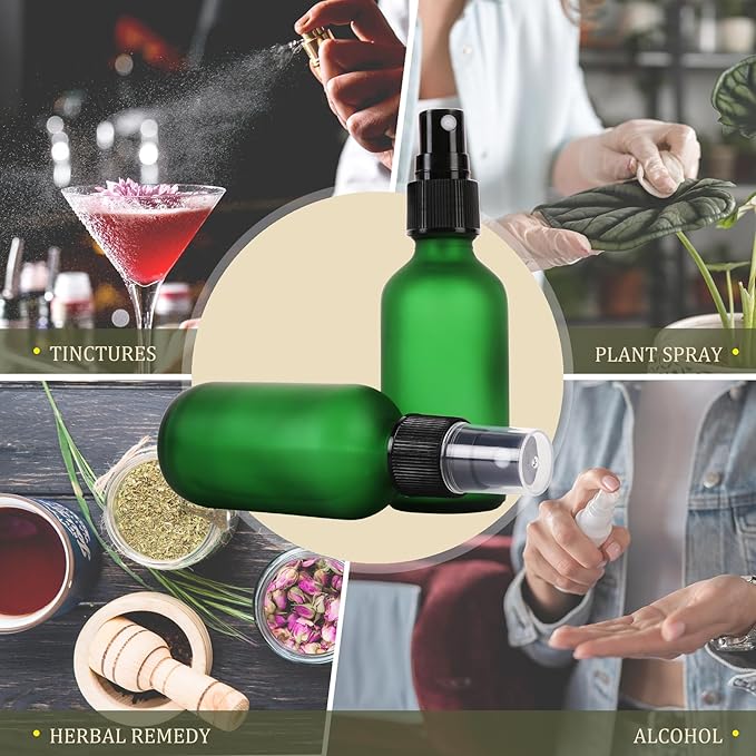Green Glass Small Spray Bottles 2 oz 24 Packs,Fine Mist Sprayer Pretty Finish,Refillable Containers mini spray bottles for Cleaning Solutions and Skin Care (Green Frosted 24pcs)