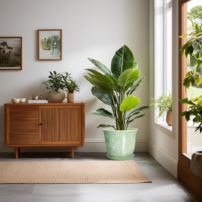 Ceramic Pots for Plants - 10 Inch Plant Pot for Indoor Outdoor, Round Planter with Drainage Hole and Saucer, Decorative Plant Pots, Modern Flower Pot, Home Porch Decor, Garden Gifts, Green