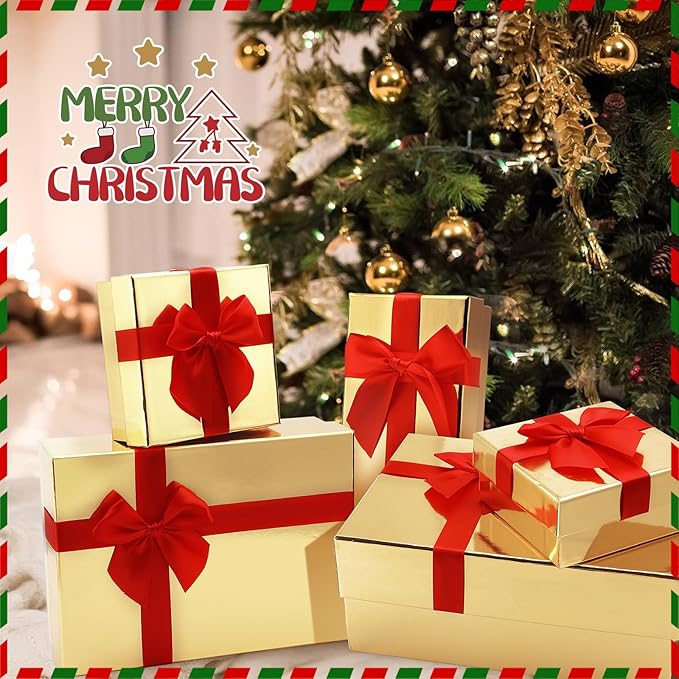 Tenceur 10 Pcs Gift Boxes with Lids Heavy Duty Nested Assorted Sizes Cardboard Gift Boxes for Presents with Ribbon for Xmas Holiday Present(Gold, Red,5 Size)