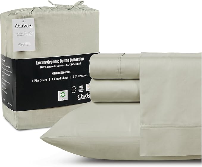 King Bed Sheets Deep Pocket King Sheet Set, 300 Thread Count Long Staple Fully Elasticated Organic Cotton Sheet & Pillowcase sets, Machine Wash No Pill Naturally Breathable Cotton Bedding- Sage