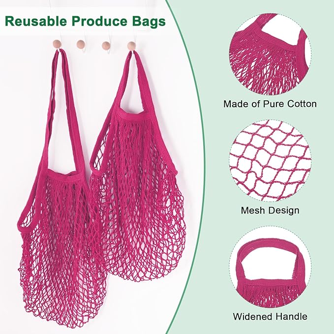 2-Pack Cotton Mesh Bag, Reusable Washable Mesh Net String Grocery Bags, Reusable Produce Bags with Handle, Net Tote Bag for Fruits/Vegetables Shopping [Rose Red, Long&Short Handle]