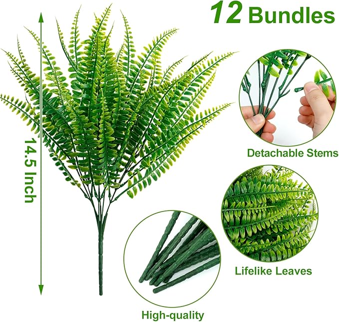 Ouddy Decor 12 Bundles Artificial Boston Ferns Artificial Plants Outdoor Greenery Stems Faux Shrubs UV Resistant for Garden Front Porch Table Window Box Home Decorations