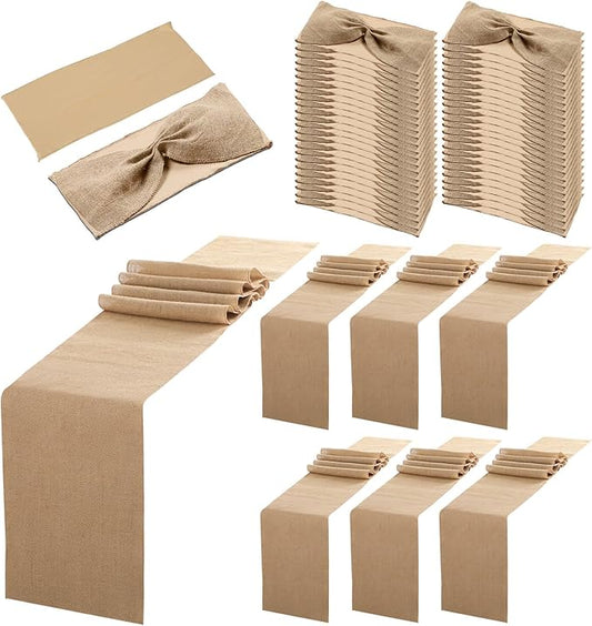 Newwiee 54 Pcs Table Decoration Set 12 x 108 Inch Table Burlap Runners Chair Sashes Jute Tables Runners Linen Spandex Chair Bands for Wedding Dining Banquet Event Party Favor Ceremony