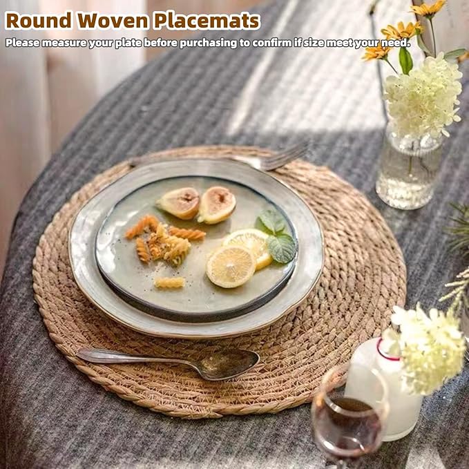 Woven Placemats Set of 6, 13.5" Round Rattan Placemats, Natural Water Hyacinth Place mats, Farmhouse Weave Place Mats, Rustic Braided Wicker Table Mats for Dining Table, Home, Outdoor