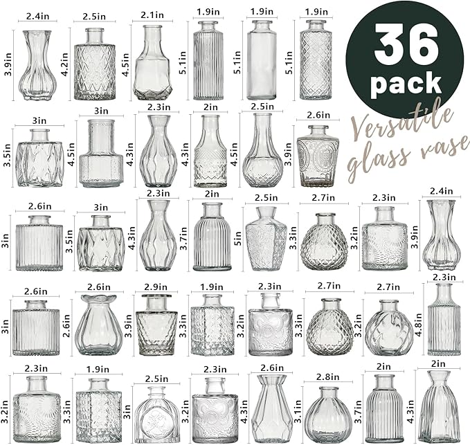 Glass Bud Vase Set of 36 Pcs Small Minimalist Vases for Flowers, Vintage Rustic Home Decor for Table Centerpiece Wedding Party, Modern Clear Aromatherapy Bottle for Living Room Bedroom