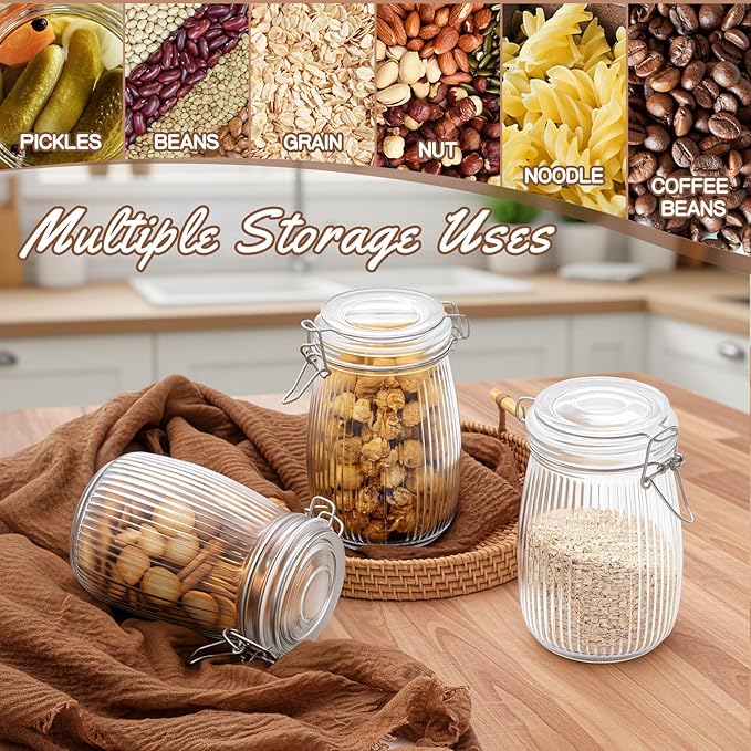 32 oz Wide Mouth Glass Mason Jars with Airtight Lid 6 Pack, Glass Canister, Striped Clip Fastening Jar for Kitchen Storage Canning, Oat, Coffee, Pasta, Snack, Nut, Candy and Pickling Food