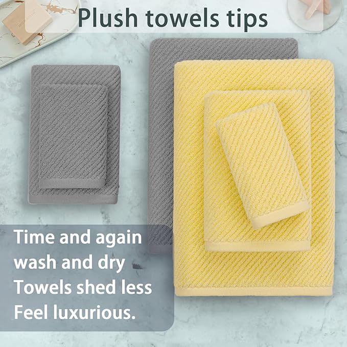VOOVA & MOVAS Towels for Bathroom, Bath Towels with Hanging Loop - 100% Cotton | Soft | Quick Dry | Thick, Towel Set of 6, 2 Large Bath 30"x56", 2 Hand 18"x28", 2 Washcloths 13"x13", Grey and Yellow