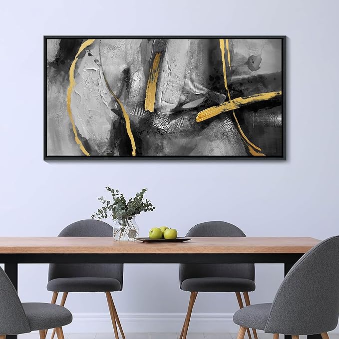 Large Framed Wall Art Decor - Abstract Black and Gray Wall Pictures Living Room Hand-Painted Dream Painting Golden Canvas Prints as Bedroom Kitchen Dining Room Cafe Home Decor 24X48 In
