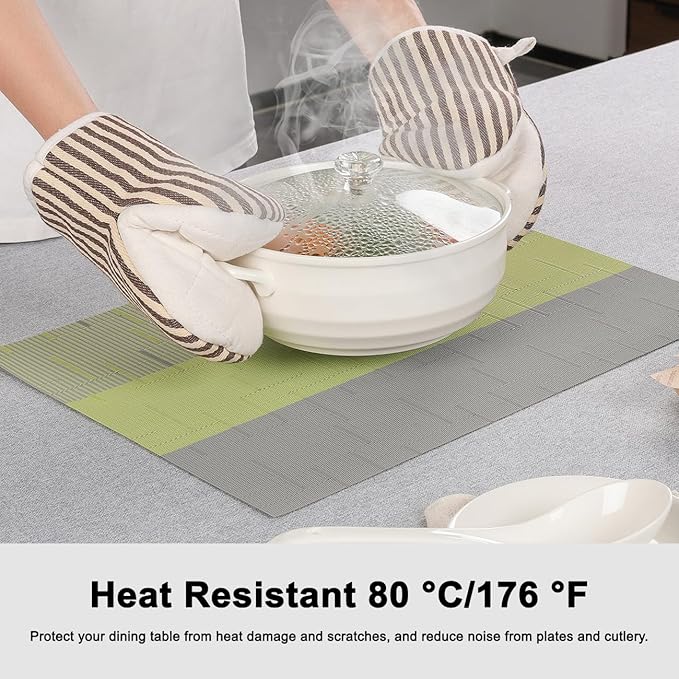 Placemats Set of 6, Vinyl Woven Place Mats Indoor Set of 6 Washable Wipeable PVC Table Mats Heat-Resistant Non Slip Placemat for Kitchen Dining Outdoor Table (Gray Grass Green, Set of 6)