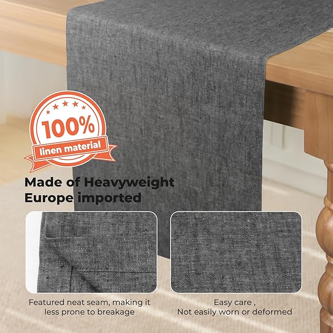 Small Coffee Farmhouse Table Runner for Fall, Thanksgiving, Christmas, and Winter - Athena - 100% Pure Linen - 14 x 36 Inches - Charcoal Grey