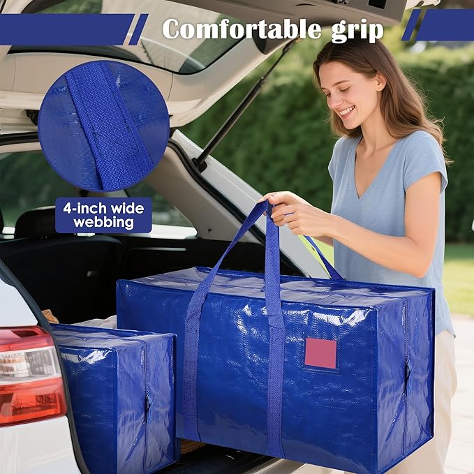 6 Pack Extra Large Heavy Duty Moving Bags with Reinforced Zipper & Wide Handles, Moisture-Resistant Storage Bins Packing Cubes for Clothes, College Dorm, Travel, and Home Organization, Blue