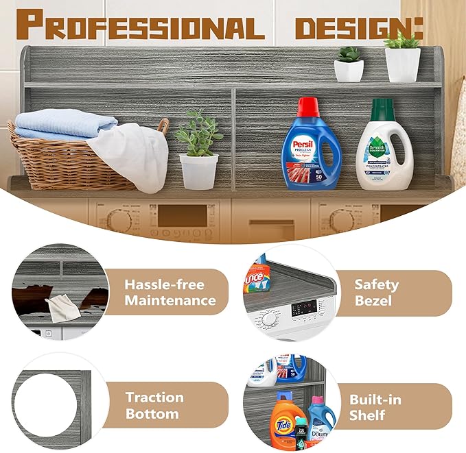 Royxen 2-Tier Washer Dryer Countertop,19.5"H Wood Washer and Dryer Topper with Shelf,Laundry Countertop Over Washer and Dryer, Universal Fit for Laundry Room Organization (Eucalyptus, 54"W X 27.5"D)