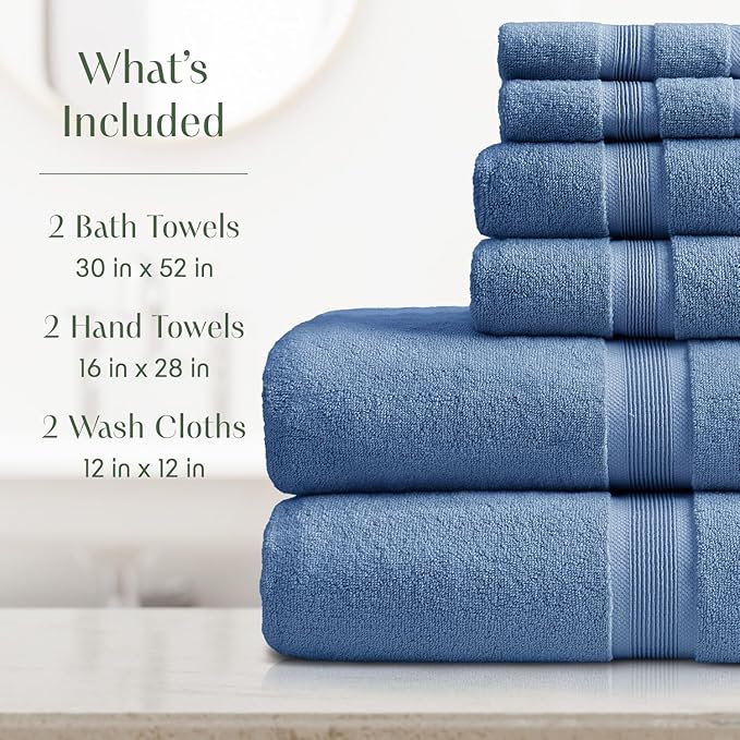 Springtree Home Luxury Bamboo Rayon Bath Towel Set 6 Piece Set | 35% Bamboo Rayon - 65% Cotton | Absorbent Quick-Dry Towels for Bathroom | Oeko-TEX Standard 100 Cotton | Mediterranean Blue
