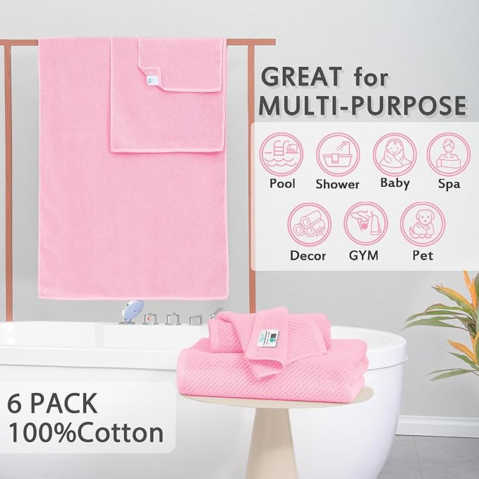 Pink Towels - 100% Cotton, Soft, Quick Dry, Lightweight, Towel Set of 6, 2 Large Bath 30" x 56", 2 Hand 18" x 28", 2 Washcloths 13" x 13", Pink Towels Bathroom Sets, Luxury Towel Gift Set