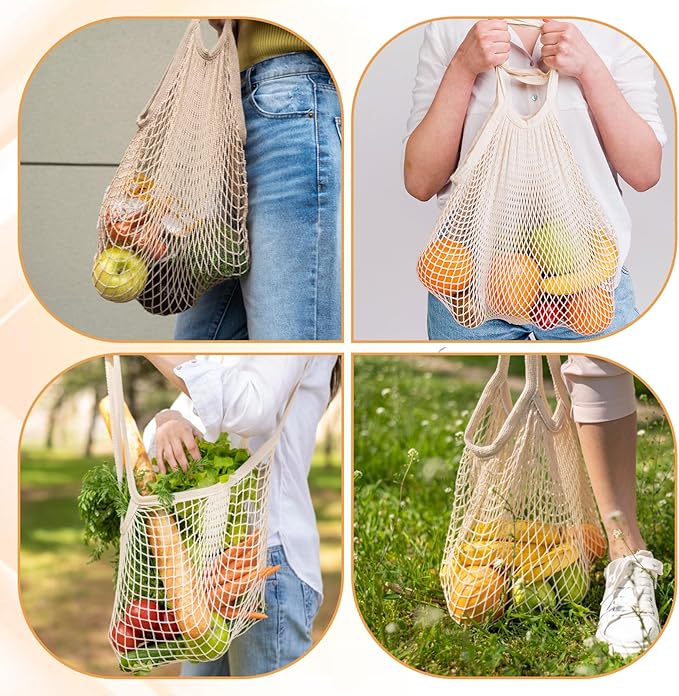 2 PCS Cotton Mesh Grocery Bags, Reusable Mesh Produce Bags, Long Handle Net String Shopping Tote Bag for Fruit Veggie Food Storage