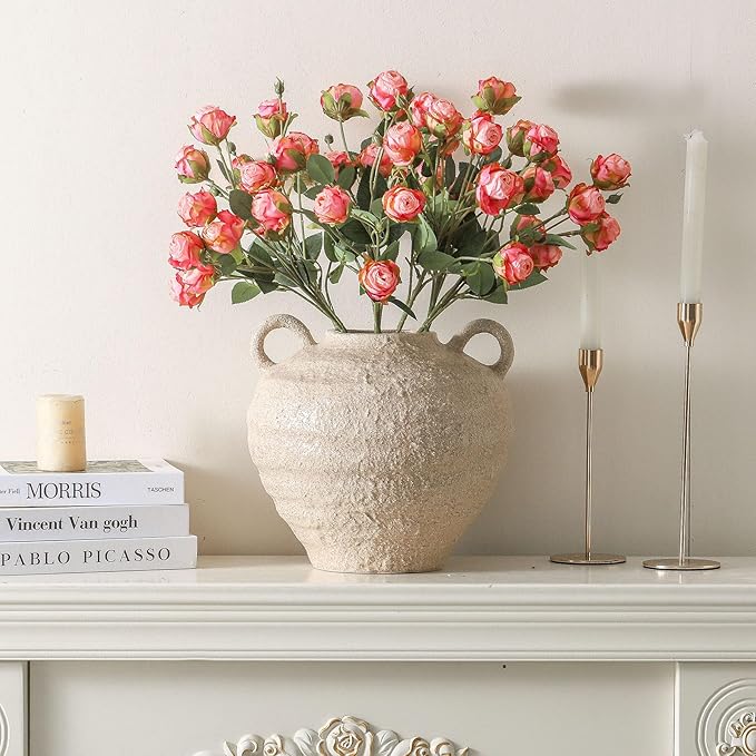 Ceramic Flower Vase, Large Farmhouse Vases Home Decor, Handmade Rustic Vase with Handles, Decorative Flower Vase for Home Entryway Living Room Dining Table Farmhouse Office Decor(10.1inch)