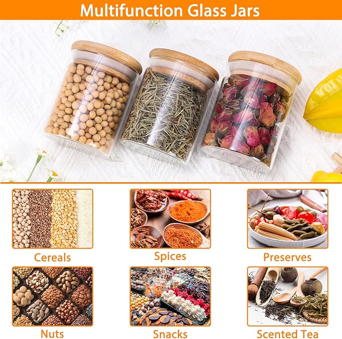 Keketin 6 oz Glass Spice Jars with Bamboo Lids,15 Pack Airtight Food Storage Canister 200ml Small Glass Jars with Lables for Kitchen Organization,Spices,Coffee,Flour,Candy,Nuts and Snacks