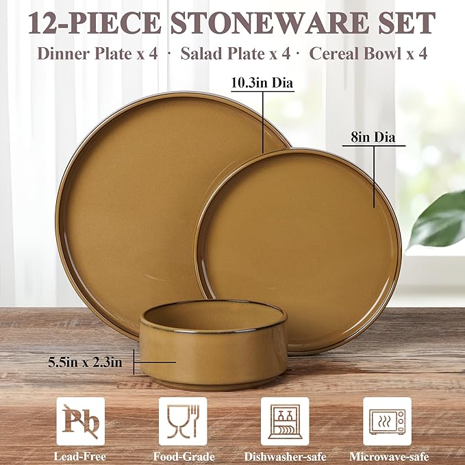 Herogo 12 Pieces Stoneware Dinnerware Set for 4, Ceramic Dinner Dishware Sets for Home Kitchen, Plates and Bowls with Rustic Terracotta Bottom, Dishwasher & Microwave Safe, Earthen Brown