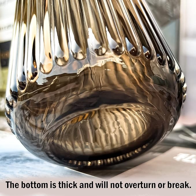 Muyan 9.8" Flower Vase for Decor Ribbed Glass Vase Modern for Centerpieces Desktop Home Office Dining Living Room Wedding (Amber)