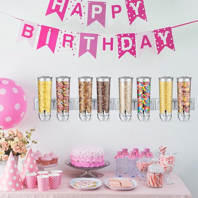 Huwena 4 Sets Cereal Containers Storage,3L Each Set Wall Mounted Cereal Dispenser Dry Food Dispenser Grain Storage Dispenser for Candy Oatmeal Coffee Bean Nuts Food Container (Silver)