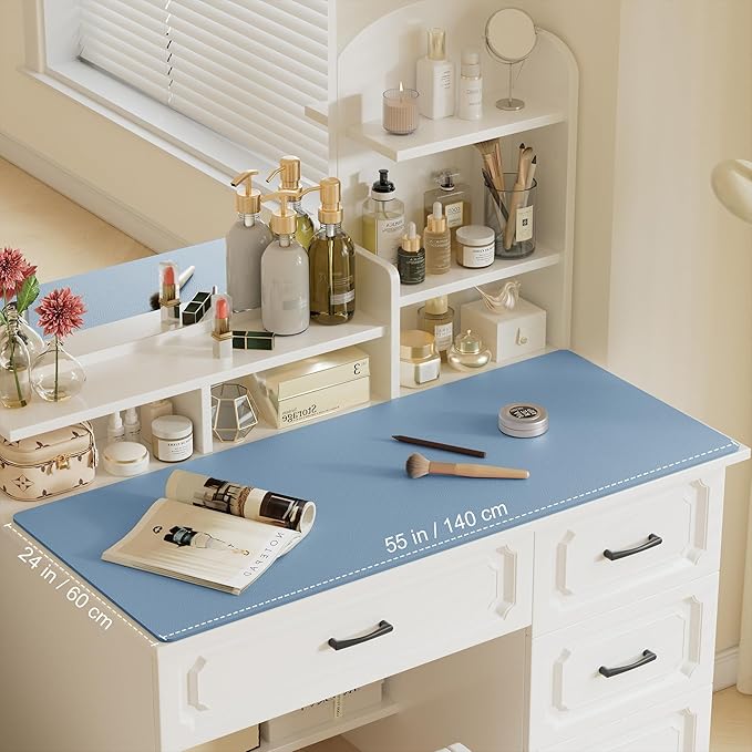 Aothia Leather Desk Pad Protector, Office Desk Mat, Large Mouse Pad, Laptop Desk Pad, Non-Slip PU Leather Desk Blotter, Waterproof Desk Writing Pad for Office and Home (Denim Blue, 55" x 24")