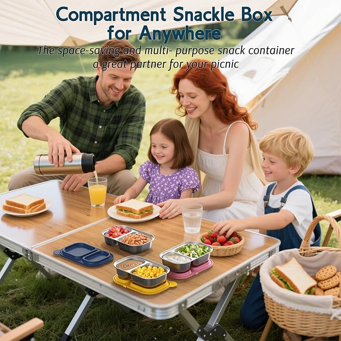 3 Pack Stainless Steel Snack Containers with Silicone Lids, Meal Prep Containers, Reusable 2 Compartment Food Storage Containers, Stainless Steel Box for Lunch, Office, Travel