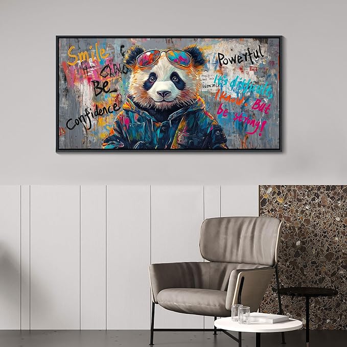 JEAWA Large Framed Canvas Wall Art, Black and White Panda Graffiti Street Art Pop Abstract Modern Paintings for Living Room Bedroom Study Office Inspirational Picture Home Decor 24x48 IN