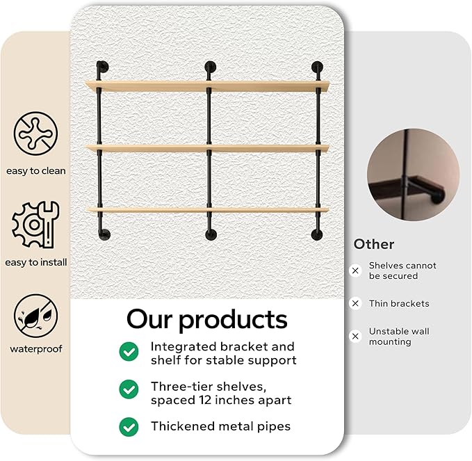 3-Tier Industrial Pipe Floating Shelf – Rustic 60 inch Wood Wall-Mounted Storage Shelf for Kitchen Office,Bathroom & Home Decor -White Oak