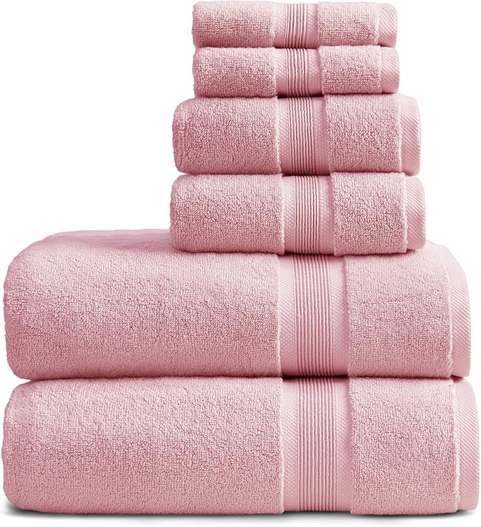 Springtree Home Luxury Bamboo Rayon Bath Towel Set 6 Piece Set | 35% Bamboo Rayon - 65% Cotton | Absorbent Quick-Dry Towels for Bathroom | Oeko-TEX Standard 100 Cotton | Pink Shadow