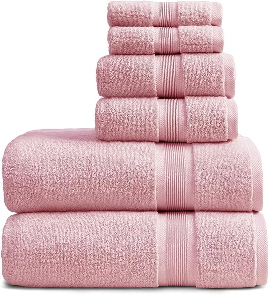 Springtree Home Luxury Bamboo Rayon Bath Towel Set 6 Piece Set | 35% Bamboo Rayon - 65% Cotton | Absorbent Quick-Dry Towels for Bathroom | Oeko-TEX Standard 100 Cotton | Pink Shadow