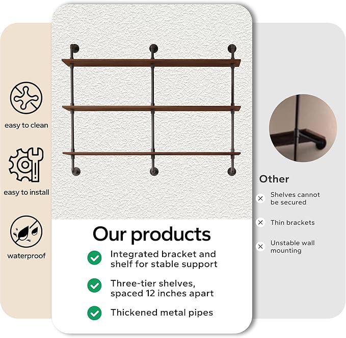 3-Tier Industrial Pipe Floating Shelf – Rustic 60 inch Wood Wall-Mounted Storage Shelf for Kitchen Office,Bathroom & Home Decor -Walnut
