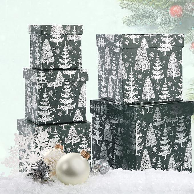 UNIQOOO 5Pcs Green Christmas Gift Box Set with Lid, Assorted Size, Square Silver Xmas Tree Nested Paper Keepsake Boxes, Card Box Tower Organizer Decor, Holiday, Thanksgiving, Party Gift Wrap Packaging