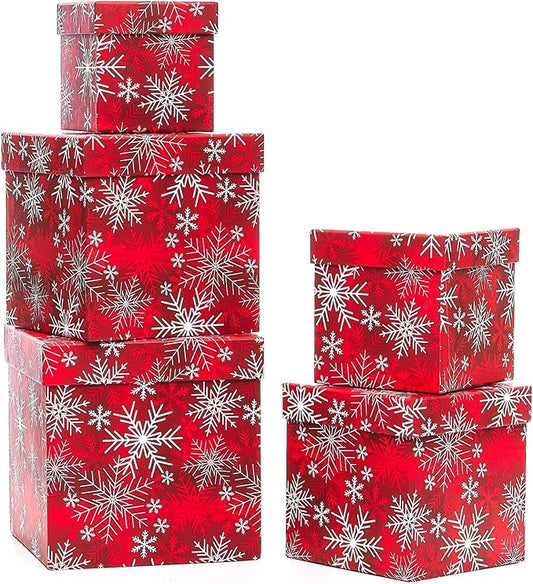 UNIQOOO 5PCS Christmas Nesting Gift Boxes with Lid, Xmas Nested Box Set, 5 Sizes, Square Stackable, Red White Snowflake Candy Cane Paper Box Tower Décor, for Holiday Thanksgiving New Year Packaging