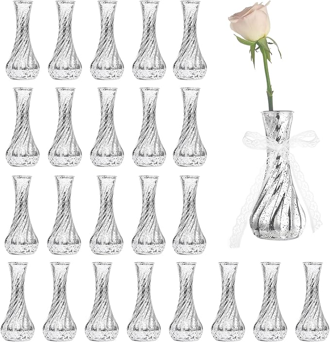 Set of 24 Glass Vase, Silver Bud Vases in Bulk Antique Style with Lace for Floral Arrangements, Events, Home Decor Weddings, Table Centerpiece