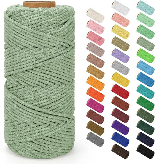 Macrame Cord 4mm x 109Yards (328Feet), Natural Cotton Macrame Rope - 4 Strands Twisted Macrame Cotton Cord for Wall Hanging, Plant Hangers, Crafts, Gift Wrapping and Wedding Decorations, Bluish Green