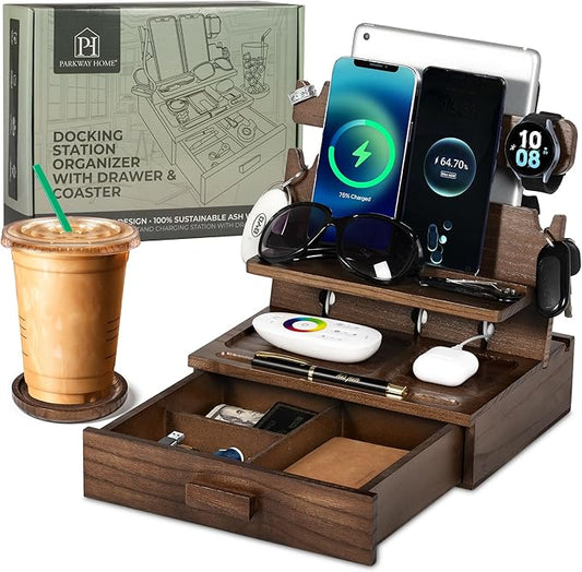 Wood Phone Docking Station for up to 3 Phones, Samsung Galaxy Watch Compatible Nightstand Organizer with Drawer for Valuables for Men & Women, Holds Phones, Tablets, Keys, Rings, Glasses, Watches, EDC