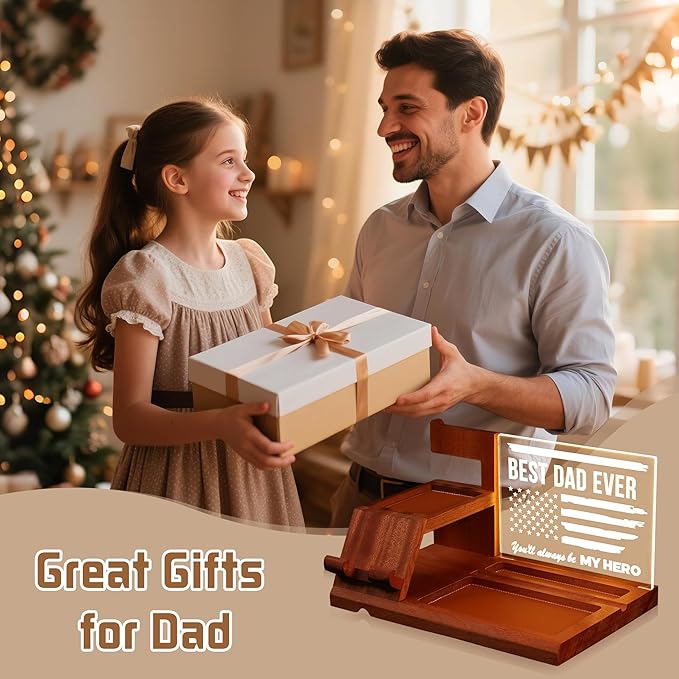 Attivolife Gifts for Dad Men Husband, LED Phone Docking Station Desk Organizer, Cell Phone Stand with Night Light, Best Dad Ever Gift for Father's Day, Key Holder, Stand for Wallet Watch Essentials