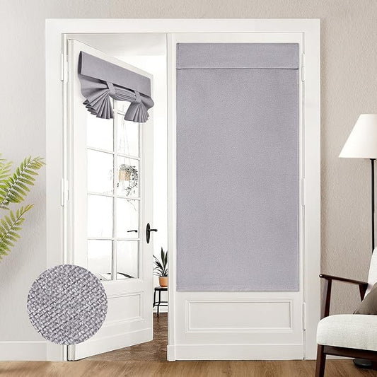 HOMEIDEAS 100% Light Gray Linen Blackout French Door Curtains, Privacy Door Window Curtains, 34 X 68 Inch Room Darkening Blinds, Thermal Insulated Shades for Bedroom, 1 Panel