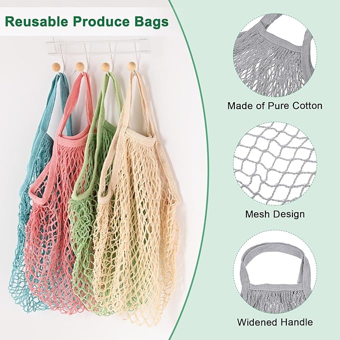 1-Pack Cotton Mesh Bag, Reusable Washable Mesh Net String Grocery Bags, Reusable Produce Bags with Handle, Net Tote Bag for Fruits/Vegetables Shopping [Gray, Short Handle]