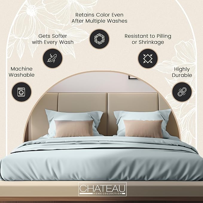 CHATEAU HOME COLLECTION Organic Cotton Sheets Queen Size Bed Set Deep Pockets, 300 TC Cotton Queen Sheet Set, Soft Breathable Elasticated Sheet & Pillowcase Sets, Machine Washable- Light Blue