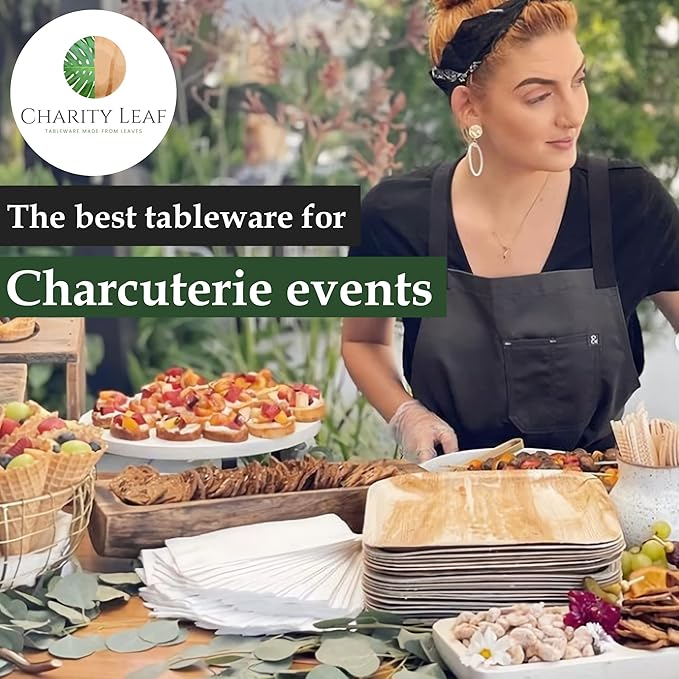 Charity Leaf Disposable 8" Square Palm Leaf Plates Bulk (200-pack) | Premium like Bamboo, Biodegradable, Heavy Duty, Natural | Perfect for Outdoor Parties, Weddings, Charcuterie, Catering Events