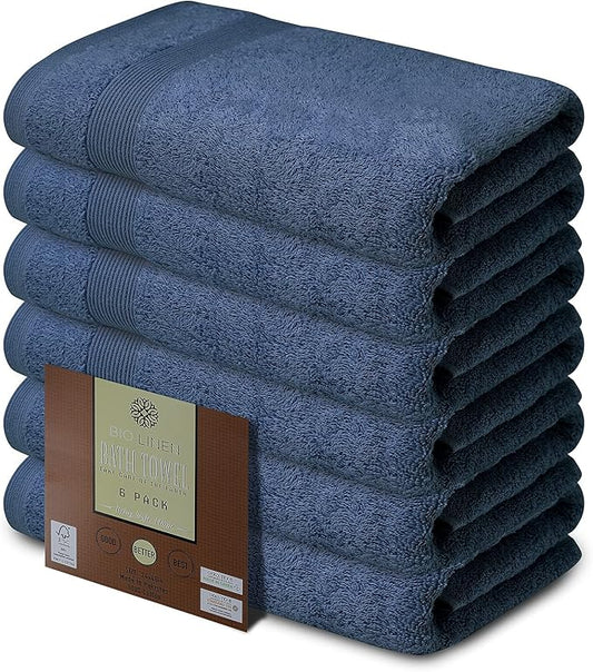 BIOLINEN Navy Bath Towels 24x48 inches 6 Pack | Ultra Soft, Highly Absorbent | 100% Cotton Towels for Bathroom, Gym, Spa, and Hotel Use