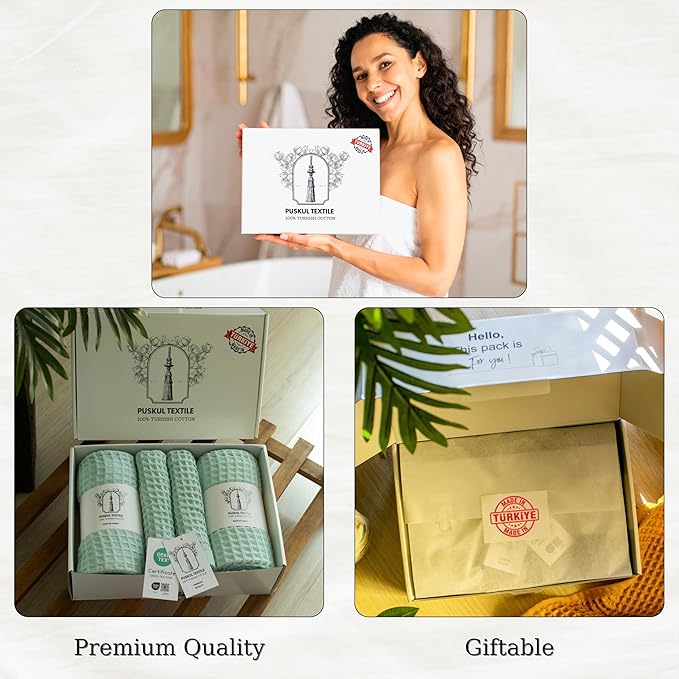 PÜSKÜL - Premium Waffle Towel Set 4 Pieces Ice Green - Organic 100% Turkish Cotton Quick-Dry Towels for Bathroom Made in Turkiye (Ice Green, Towel Set - 2 Hand & 2 Bath Towels)