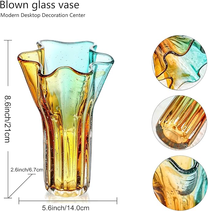 8.5" Blown Glass Vase for Flowers, Modern Ombre Glass Vase for Home Decor, Flower Vases Decorative | Table Centerpiece, Olive Plant, Wedding, Living Room, Bookshelf, Office, Entryway