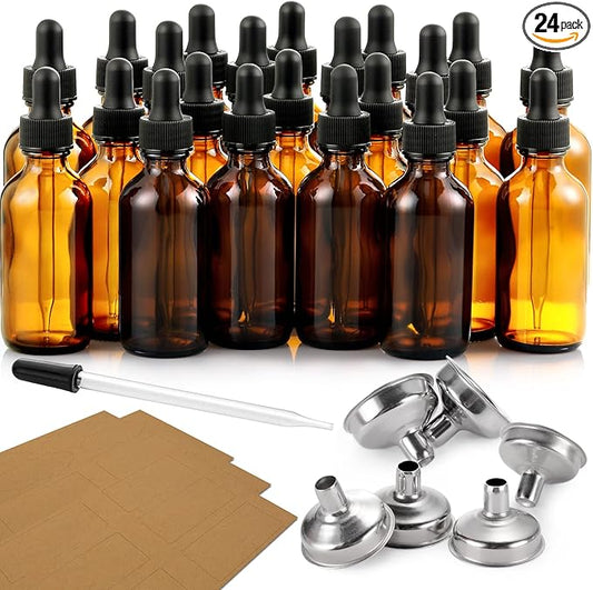 AOZITA 24 PCS, 1 oz Dropper Bottles for Essential Oils with 6 Funnels & 1 Long Glass Dropper - 30ml Amber Glass Bottle with Eye Droppers - Tincture Bottles, Leak Proof Travel Bottle for Liquids